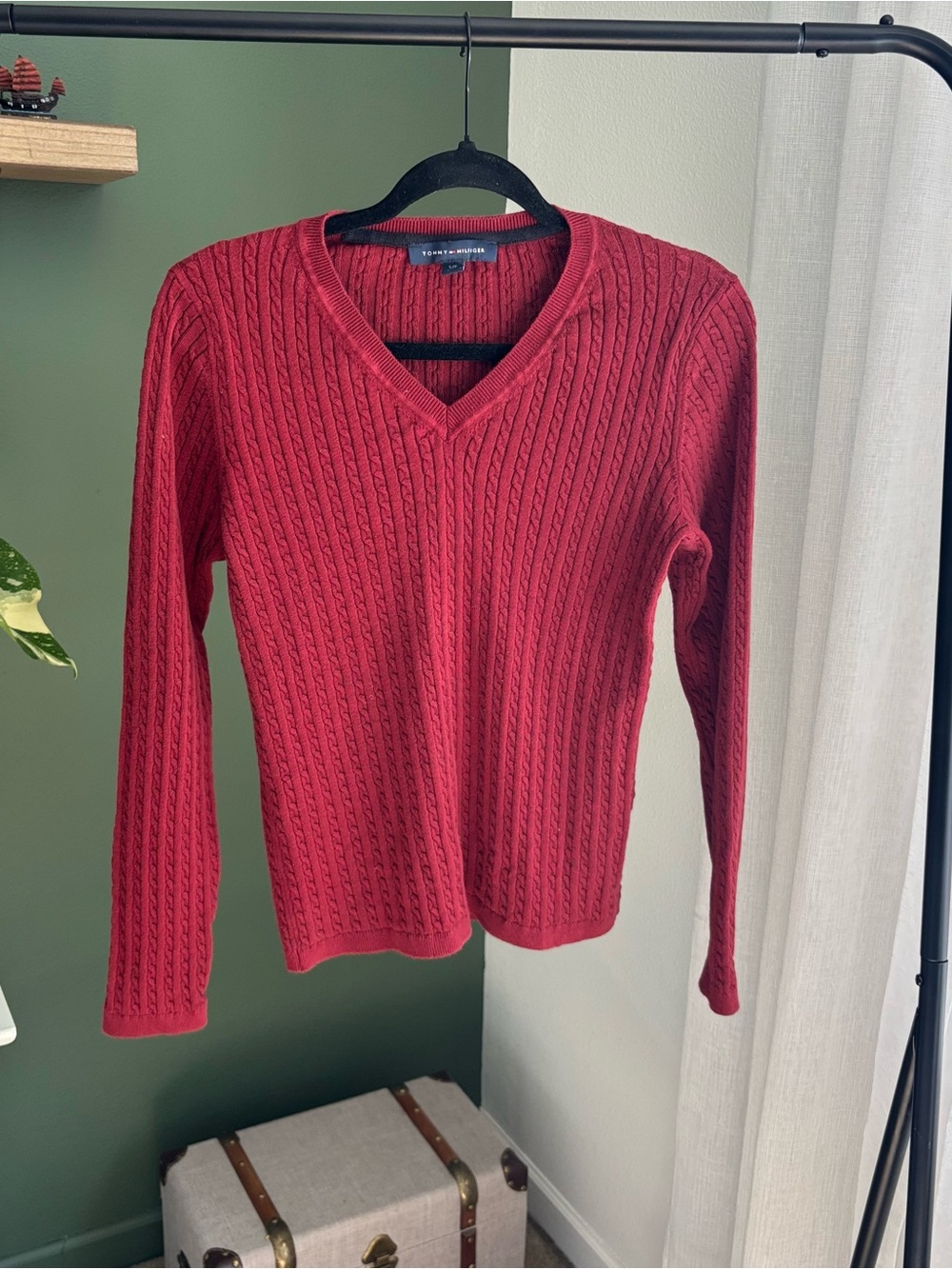 Tommy Hilfiger Raspberry Cable-Knit V-Neck Sweater
